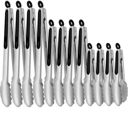Confezione da 12 pinze da cucina in acciaio inox, pinze da cucina da 19,2 cm e 22,5 cm, con clip di bloccaggio, pinze antiaderenti per grigliate, insalate, barbecue e buffet