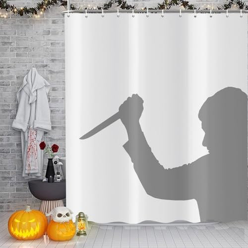 ASDCXZ Halloween Duschvorhang 165x180 cm, Modern Einfachheit EIN Gangster EIN Messer Halten Grau Schatten Wasserdicht Duschvorhänge Polyester Textil Waschbar Duschvorhang für Badewanne mit 12 Haken