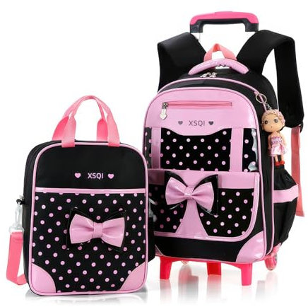 6 Räder Trolley Rucksack mit Rollen Madchen Schulrucksack mit Rollen Madchen Kinderrucksack Schultasche Schulranzen mit Rollen Schwarz Grundshule 42x30x20cm