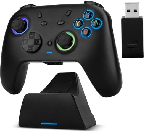 DuLingKer Mando PC con Carga Base, Mando Inalámbrico para Switch 2/Switch/PC Windows/Steam/OLED/Lite Gaming Mandos con Hall Efecto Trigger/Joystick(Sin Deriva), Luz RGB, Botón M1/M2 Negro
