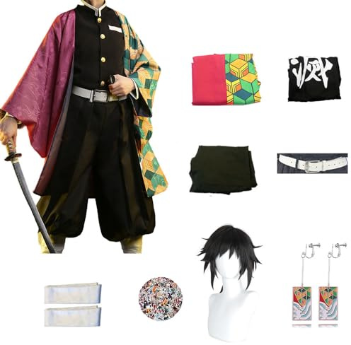 KHHK Anime Demon Kimetsu Tomioka Giyuu Disfraces de cosplay Peluca de tensión completa de Mitsuri para accesorios de kimono de Halloween Uniforme de traje para niños14+, L