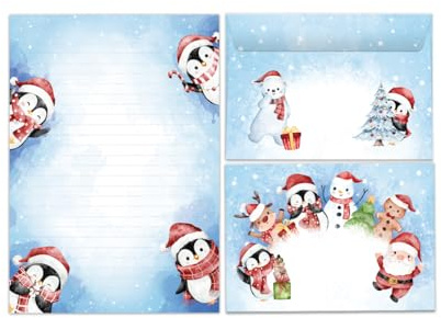 Briefpapier Set Kinder Weihnachten Weihnachtsmotiv Pinguin Blöcke Umschläge Kindermotiv für Mädchen Jungen Weihnachtsbriefpapier (Block A5 mit 25 Blätter + 15 Umschläge)