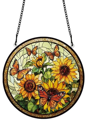 PLIGREAT Sonnenfänger Aus Acrylglas Mit Sonnenblumenmotiv Bunter Schmetterling Für Terrasse Und Garten Zum Aufhängen Baumschmuck Für Wohnzimmer Schlafzimmer Spielzimmer Fensterdekoration