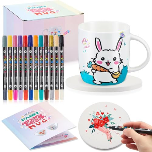 Sinmoe Paint Your Own Mug Set DIY Pottery Painting Kit with Blank Ceramic Sublimation Mugs 12 Marker Pens and Coaster Wedding Anniversary Xmas Gift Paintable Mug Gift(Classic)