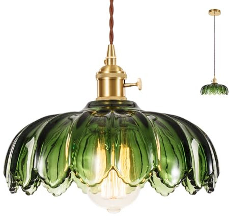 XZHGCEE Pendelleuchte Esstisch küchenlampe hängend: pendelleuchte glas Grün für Küche, Schule, Schlafzimmer, Wohnzimmer - Anpassbare Höhe, Empfohlene E27 ST64-Glühbirnen (Green Hardwired)