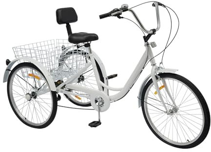 SZPLLZY 24 Zoll Fahrrad für Erwachsene, 6-Gang-Dreirad, verstellbar, mit Korb und Rückenlehne, 3-Rad-Lastenfahrrad zum Einkaufen, Radfahren, Treten, Pedalkraft, Weiß