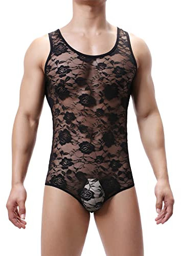 JIAHG Herren Bodysuit Spitze Unterhemd Mesh Sexy Reizwäsche Tops Ärmellose Stringbody Overall Dessous Männer Body Einteiler Schlafanzug Erotik Unterwäsche (Schwarz, M)