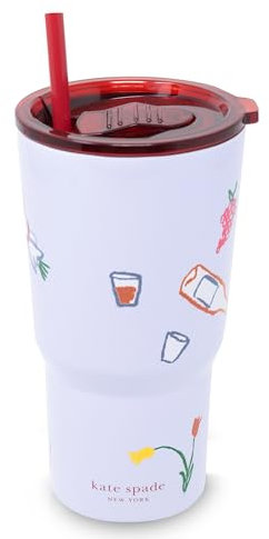 kate spade new york Isolierter Becher für kalte und heiße Getränke, mit wiederverwendbarem Strohhalm, Edelstahl-Reisebecher mit Schiebedeckel, 590 ml (Park-Picknick)