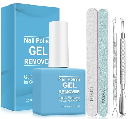 Gel Nail Polish Remover 15ml - Fast Gel Polish Remover, Quickly Remove Nail Polish in 2-5mins, No Need for Foil, Soaking or Wrapping, Manicure Kit with 2 Nail File & 2 Cuticle Pusher