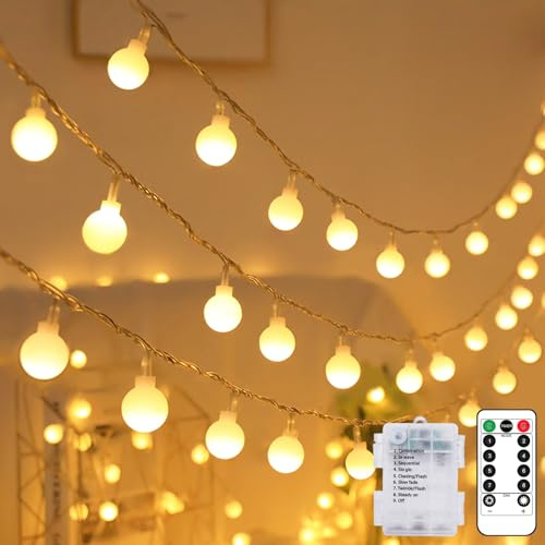 Kolpop Fairy Lights Battery Operated, 10.3M 80LED String Lights with Remote, 8 Lighting Modes, Timer, Dimmable, Waterproof Globe Christmas Light for Outdoor Indoor Bedroom Garden(Warm White)