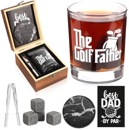 Bayelove Whiskey Glass Gifts for Golf Dad, Best Gift for Men, Gift with 12oz Whiskey Glasses, Stones, Coaster, Wooden Box for Golf-Dad