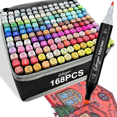 Evercyan 168 Alkohol Marker Set mit Gitter, Doppelspitziges Farben Alkoholmarker mit Tragbare Aufbewahrungstasche und verstellbarer Schultergurt, für Malerei, Skizzen, Design und Comic-Zeichnungen