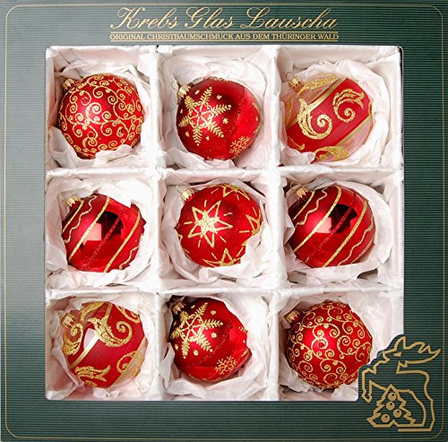 Krebs Glas Lauscha - Weihnachtsdekoration/Christbaumschmuck aus Glas - Satin-Glaskugelsortiment - Farbe: Rot - Inhalt: 9 Stück - Größe: ca. 8 cm