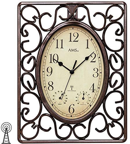 AMS 5976 Wanduhr Funk Funkwanduhr Braun Eckig Antik Vintage Retro Thermometer