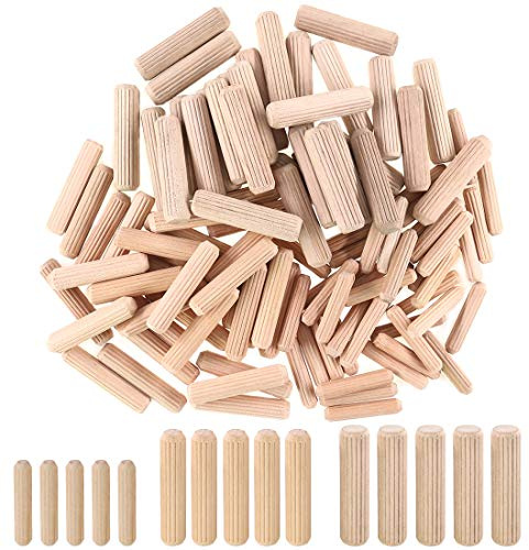 Hilitchi 400 Stück 6 mm, 8 mm, 10 mm (ca. 1/4 Zoll, 5/16 Zoll, 3/8 Zoll), L geriffelte Holzstifte, abgeschrägte Enden für einfacheres Einführen, gerade gerillte Stifte
