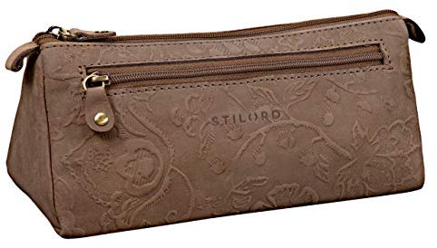 STILORD 'Alexis' Vintage Leder Etui Stiftemappe mit 2 Fächern und Reißverschluss Federtasche Federmäppchen Schlampermäppchen Echtes Leder, Farbe:Natur - braun