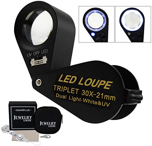 30x Vergrößerungsglas Schmuck Lupe LED UV Licht 21mm Achromatisch Triplett Linse Optisch Glas Tasche Juwel Vergrößerung Werkzeug Juwelier, Briefmarke Philatelist, Münze Numismatik