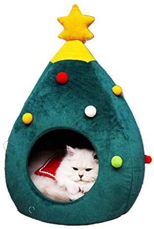 Monba - Cuccia per Gatti a Forma di Albero di Natale, a Forma di Triangolo, in Velluto Caldo e Semi Chiuso, per Gattini, Cuccioli e Gatti Grandi