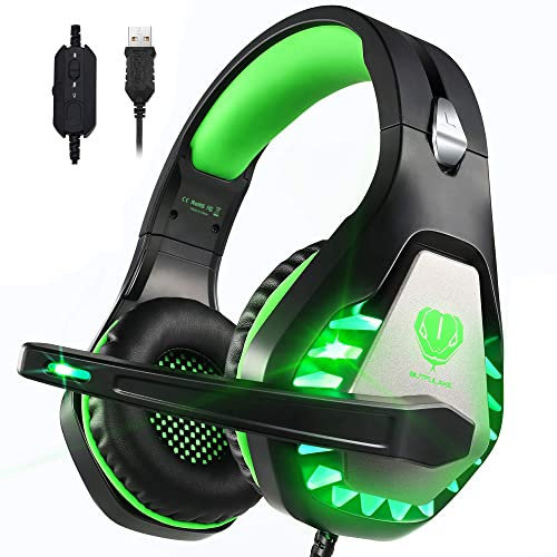 Pacrate [2023 Gaming-Headset für PC, PS4, PS5, 7.1, mit Geräuschunterdrückung, USB, mit Mikrofon, LED-Lichtern und Ohrenschützern aus weichem Memory-Schaum (Grün 7.1)