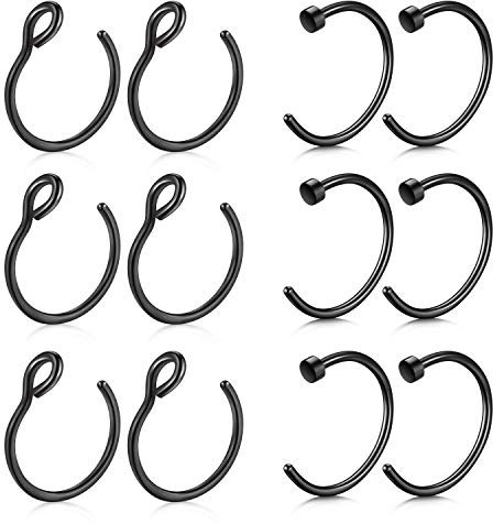 Mayhoop 12Stk 20G 8mm Nasenpiercings Fake Nasenring Schwarz Edelstahl Fake Piercings Nase Face Piercing Nase Lippe Ohr Ring Hoop für Männer Damen