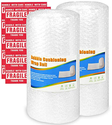 Pobuu 2 Rouleaux Papier à bulles, 300 mm x 11 m/rouleau, perforés tous les 30 cm, 20 autocollants fragiles inclus – bulles d'air film à bulles pour déménagement et emballage