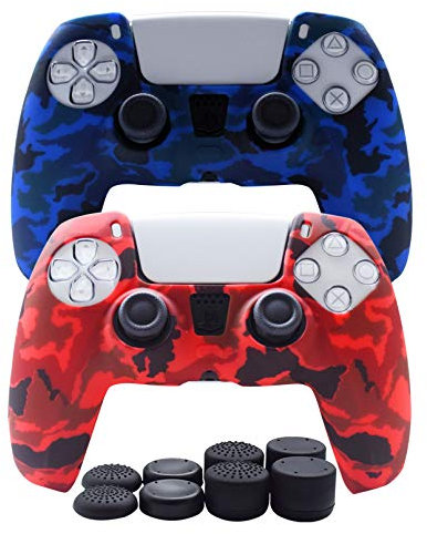 Hikfly Silicone Cover for PS5 Controller Skin Compatible with PS5 Controller Grips,Non-Slip Cover for PlayStation 5 Controller -2x Skins with 8 x Thumb Grip Caps)(Blue,Red)