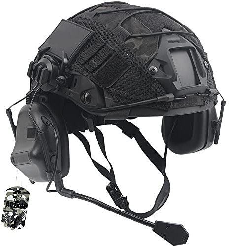 AQzxdc Casque Militaire Rapide, avec Écouteur Tactique et Ensembles de Tissus pour Casque, pour Airsoft Paintball, Halloween, équipement de Protection Cosplay,Noir,M