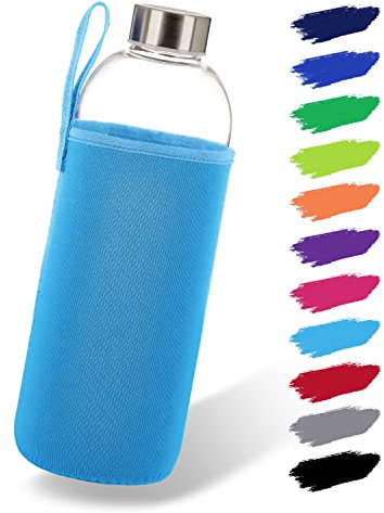 NOMA Glasflasche 1 Liter mit Neoprenhülle | Trinkflasche aus Glas in 500ml, 600ml & 1000ml mit Schutzhülle und Edelstahldeckel | Wasserflasche für Sport, Büro, Schule & Outdoor | Hellblau