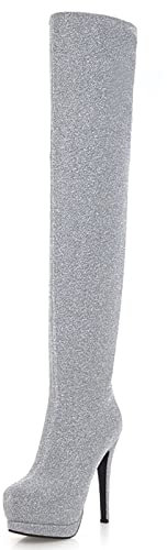 MJIASIAWA Donna Prom Sopra Il Ginocchio Warm Tacco A Spillo Plateau Stivali Stretch Mens Sopra Il Ginocchio Inverno Festa Stivali Alti Argento Numero 40 EU/41 Asiatico