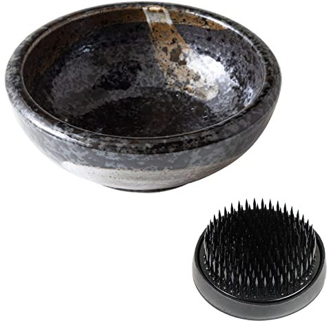Wazakura Minoyaki Serie Ikebana Essenzielle Utensilien Set- Kleine runde Keramikvase und Kenzan Blumenfrosch für Blumenstecken Arrangements - Schwarze Vase + 61mm Schwarzen Kenzan