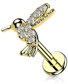 beyoutifulthings 1 Knorpel Ohr-Stecker Kolibri Gold Pavé Zirkonia Clear Piercing-s Chirurgenstahl Schraub-Verschluss Stab 6-mm lang