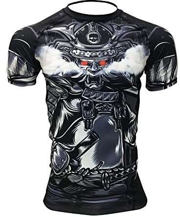 Gruff Combat BJJ Rash Guards Grappling MMA Jiu Jitsu No Gi UFC Shirt Fight Wear, Short Sleeves, Black Red Eye, Large