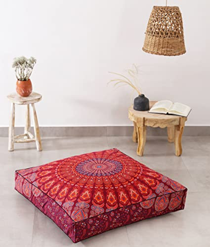Quadratischer Hippie-Mandala-Bodenkissen, Ottoman-Pouf-Bezug, indisch, Pfauen-Tagesbett, übergroßer Baumwoll-Kissenbezug, robuster Reißverschluss, zum Sitzen, Hund, Haustierbett, 88 cm, Kastanienbraun