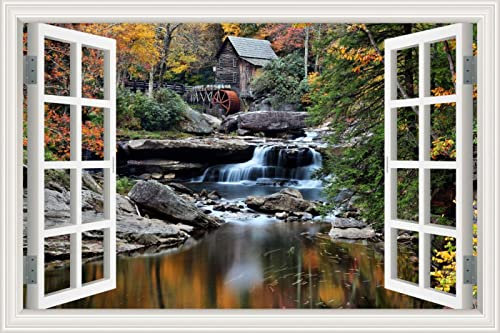 MUMUWUSG Stickers Window View Posters Green Trees Stream Landscape Window Wall Sticker Fake Window Wall Decals Removable Window View Wall Stickers Decal for Living Room 120X80Cm