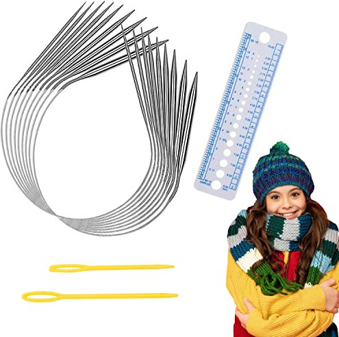 W Rxkiocs 9 PCS Rundstricknadeln Set Stricknadeln Rundstricknadel 80CM Rundnadel Durchmesser 2.5/3.5/4.5/5.5/6/7/8/9/10MM Mit Stricklehre Und 2 PCS Plastiknadeln Für Schals Decken Anfänger(Edelstahl)