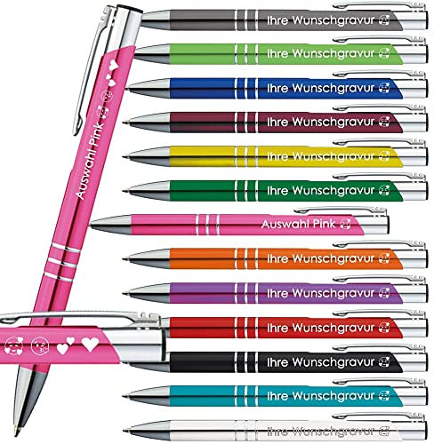 Generisch 10x Kugelschreiber mit Gravur | Emojis Gravur | 13 Farben Auswahl | Personalisierte Werbekugelschreiber mit Wunschgravur | (Pink, 10 Stück)