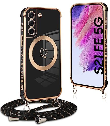 Pnakqil Handykette für Samsung Galaxy S21 FE 5G Hülle mit Band, Kompatibel mit MagSafe, Handyhülle Ultra Dünn Silikon Magnetisch mit Herz Love Muster Schutzhülle mit um Umhängen Kordel, Schwarz