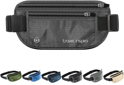travel inspira Geldgürtel mit mit RFID-Schutz Bauchtasche Diebstahlsicher | Ultraflach Unsichtbar unter Kleidung 66-140cm Verstellbar Dünn & Klein Wasserabweisend Geldaufbewahrung Reise-Gadgets Schwarz