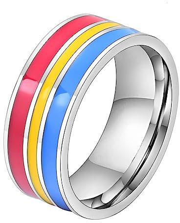 OAKKY Unisex 8mm Einzigartig Cool Emaille Bunte Streifen LGBT Homosexuell Stolz Ring Edelstahl Eternity Paar Hochzeit Band Pansexuell Größe 60 (19.1)