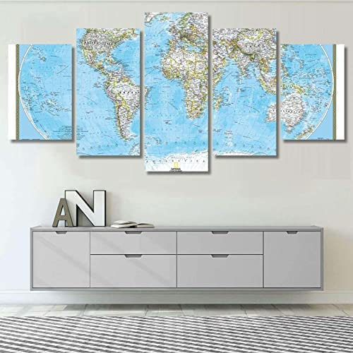 5 Stück Canvas Wandkunst Modern 5 Stück Weltkarte Canvas Home Deko Kunst Wanddruck Modulares Bild,Kinderzimmer Gedruckte Wand Leinwand Deko L/150 X 80 Cm