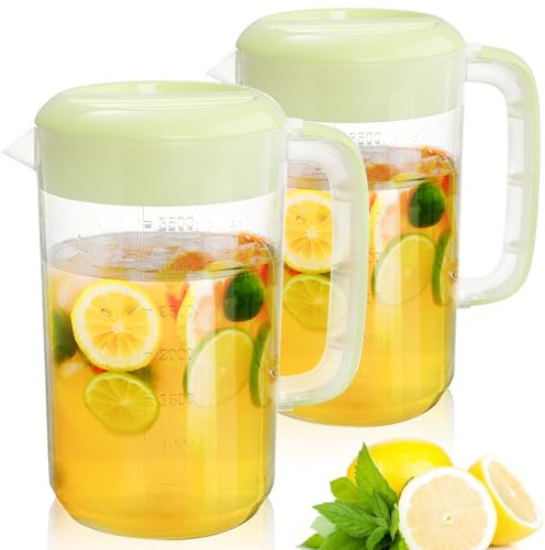 Jucoan 2 Pack 4LPlastic Pitcher with Lid, Clear Ice Tea Pitcher for Fridge, Large Water Carafe Jug Beverage Pitcher with 3 Position Pour Spout Lid, Handle,Scale for Home, Party