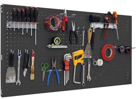 Simon Rack Werkzeugwand für die Wand, Organizer für Werkzeuge, inklusive 22 Haken und 3 Halterungen, 1500 x 600 mm, Anthrazit - Simonwork