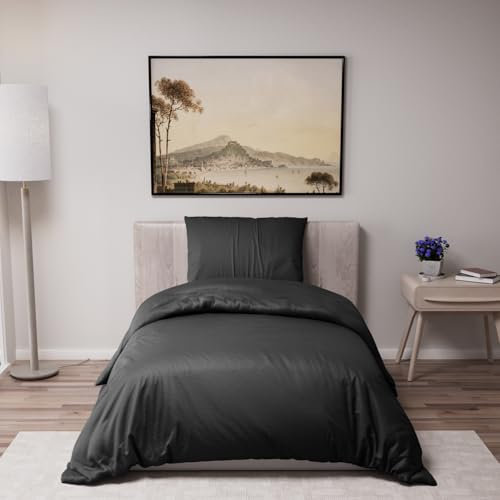 Dreamzie - Bettwäsche Set 135x200 cm mit 1 Kissenbezügen 80x80 cm Schwarz - Bettbezug 135x200 Einzelbett aus 100% Mikrofaser - Zertifiziert ohne Chemikalien (Oeko TEX)