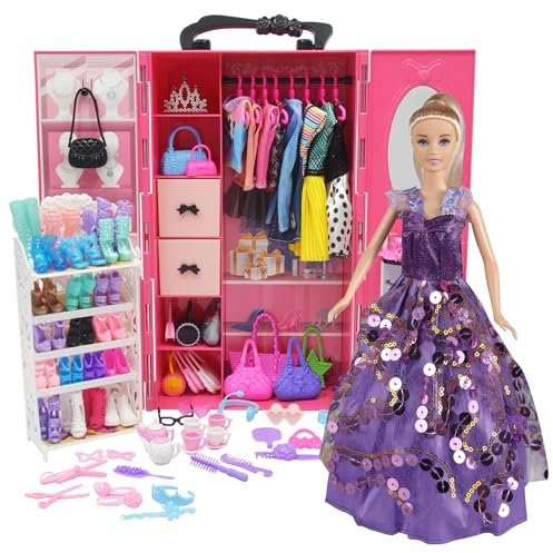 161 Pieces 11.5 Inch Doll Wardrobe for Girls with Clothes and Accessories, Including Wardrobe, Shoe Rack, Clothes, Dress, Swimsuits, Shoes, Hangers, Crown, Necklace