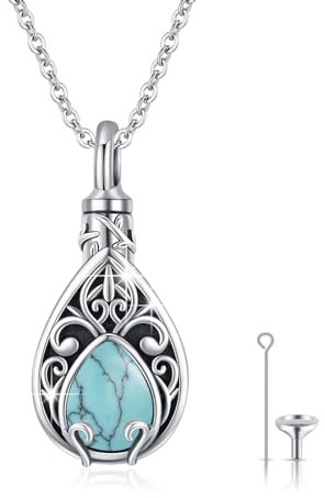XIXLES Tree of Life Urn Necklace turquoise Ashes Jewellery 925 Sterling Silver Teardrop Urn Necklaces for Ashes Cremation Jewellery for Women Men Memorial Gifts for Human Ashes (12-Turquoise)