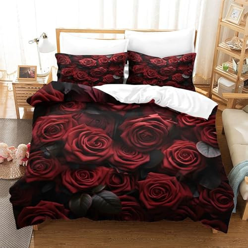Many Red Roses in Bloom 3D Print Creative for Boys Girls Duvet Cover Quilt Cover Comforter Covers with Pillow Cases Soft Microfiber with Zipper Closure Bedding Set 2 Pieces Single(135x200cm)