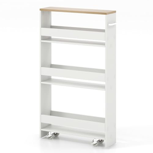 GiantexUK 4-Tier Kitchen Storage Trolley, Slide-Out Utility Rolling Cart with Wheels & Handle, Mobile Shelving Unit Organizer for Living Room Office & Laundry Room (White Body+Natural Top)