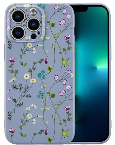 RALEAVO Flower Case for iPhone 13 Pro, Liquid Silicone Shockproof Protection Case Cover for Girls Women with Aesthetic Cute Floral Patterns Soft Slim Phone Case for iPhone 13 Pro 6.1-Grey