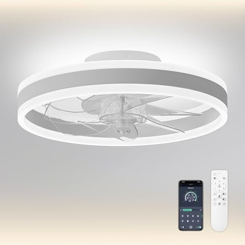 CHANFOK 16'' Ceiling Fans with Lights and Remote, Low Profile Ceiling Fan with Dimmable Light, 6-Speed Reversible Fan Blades, App Control (White)
