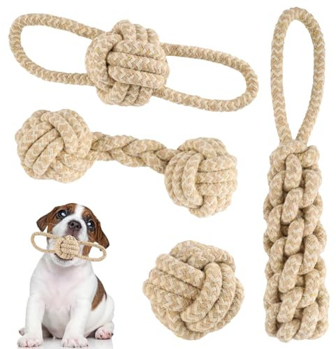 Jouets pour Chiens, Jouet Chien Corde, Lot de 4 Jouets à Mâcher pour Chiens de Petite et Moyenne Taille, Corde avec Balle à nœud, Jouet en Corde Indestructible pour Petits et Grands Chiens